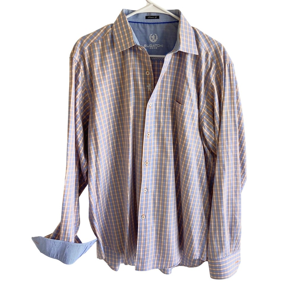 Bugatchi Uomo Mens Classic Fit Button Down Shirt Orange Blue Check Cotton L